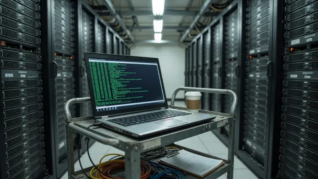 Laptop on a server-room cart showing a terminal window with no readable text, cool white lighting, no vendor logos.