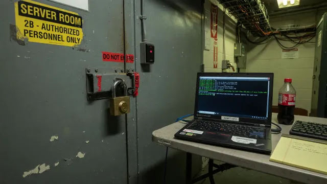 Locked server-room door with a laptop showing an SSH terminal session