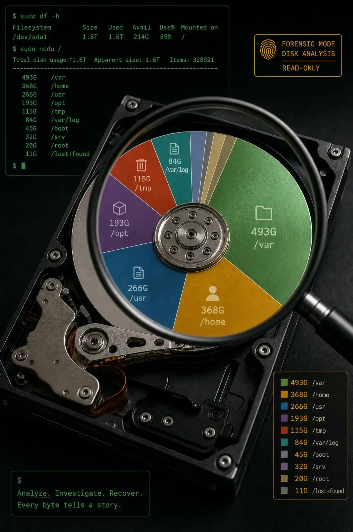 Terminal-style illustration for Linux Disk Space Crisis: Tools and Commands to Find What's Eating Your Storage