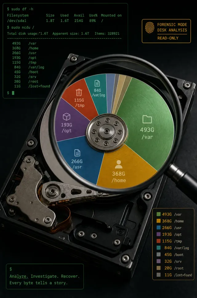 Terminal-style illustration for Linux Disk Space Crisis: Tools and Commands to Find What's Eating Your Storage