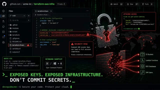 A terminal-style illustration of exposed AWS credentials on a GitHub repository with warning symbols and a broken padlock