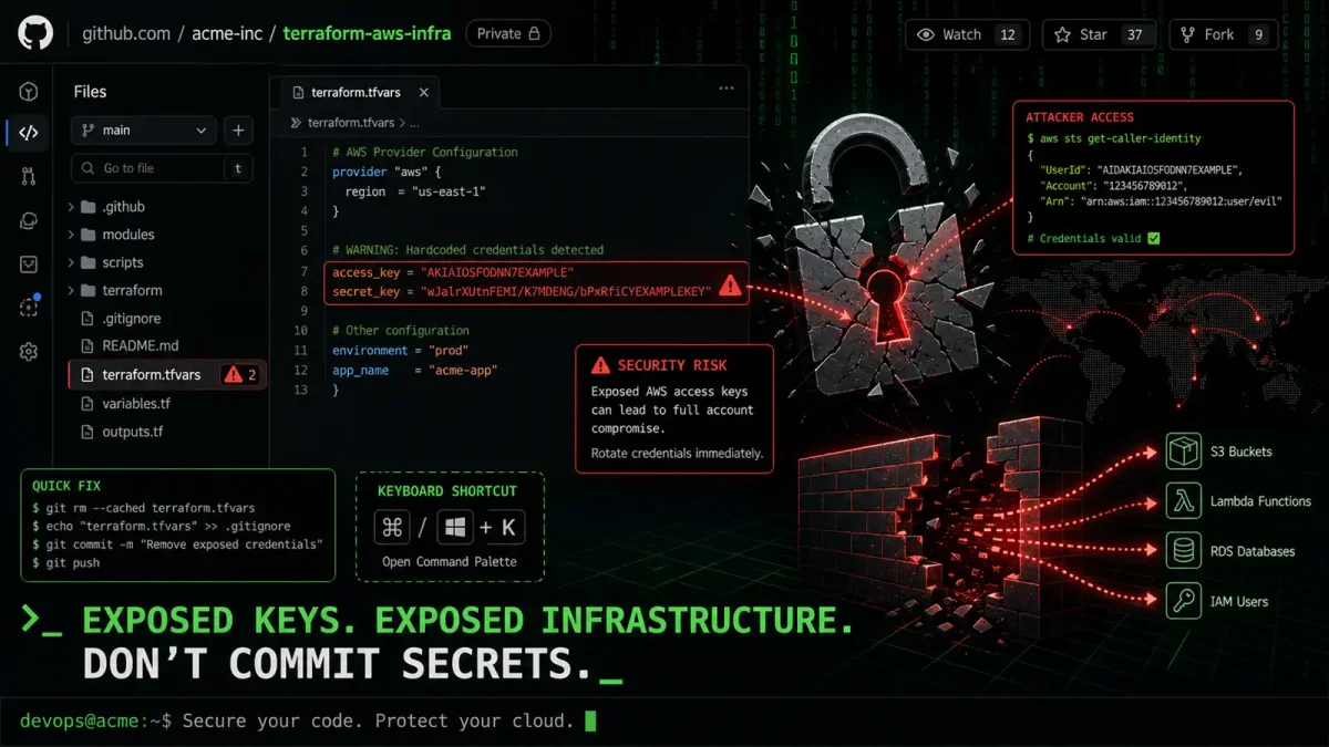 A terminal-style illustration of exposed AWS credentials on a GitHub repository with warning symbols and a broken padlock