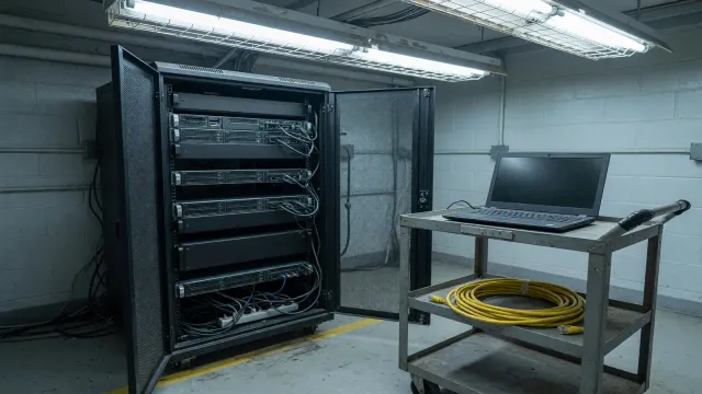 An open equipment rack beside a separate laptop on a metal cart, cool white light, no vendor logos and no readable text.