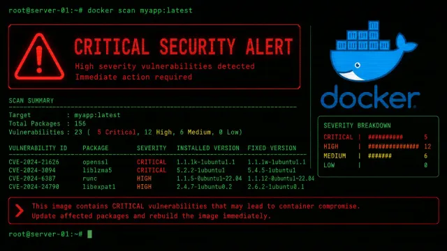 A terminal window showing a Docker container security alert with red warning text against a dark background, representing the urgency of patching the Gitea vulnerability