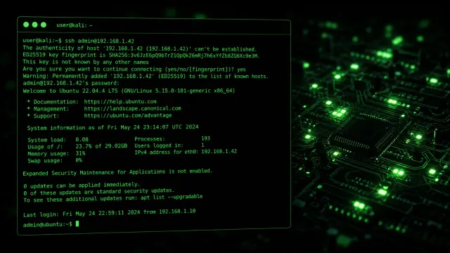 Terminal screen showing SSH connection attempt with green text on dark background, network topology lines