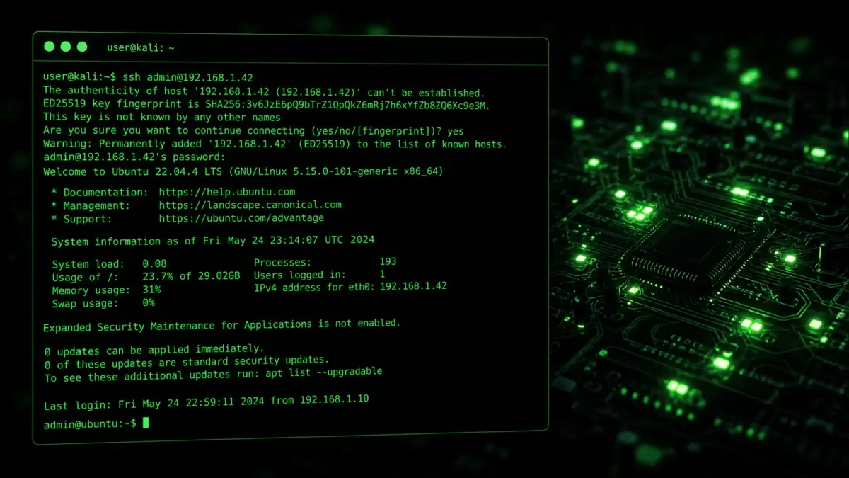 Terminal screen showing SSH connection attempt with green text on dark background, network topology lines