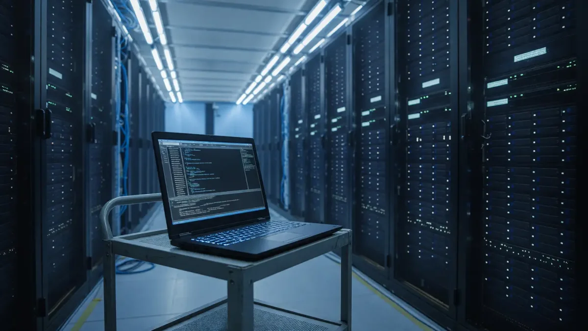 Laptop in a server aisle showing a terminal with a cluster upgrade command, cool lighting, no readable project names or logos.