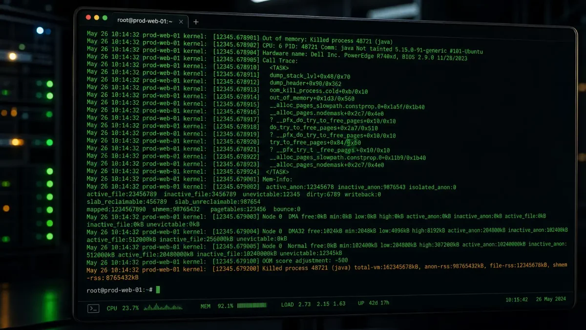 Linux terminal showing OOM Killer diagnostic output on a dark server screen