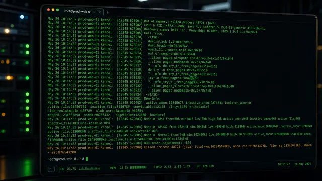 Linux terminal showing OOM Killer diagnostic output on a dark server screen