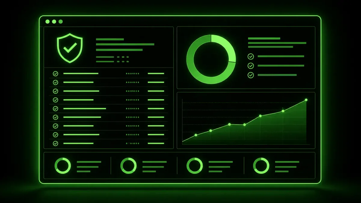 A terminal screen showing a completed CIS benchmark compliance report with green checkmarks and a score of 98%, rendered in terminal green on dark background