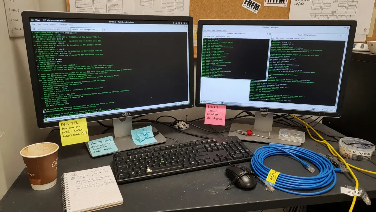 Sysadmin desk with dual monitors showing DNS lookup terminals and a coiled network cable