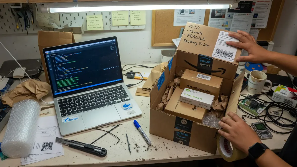 Nested cardboard boxes packed beside a laptop showing a Dockerfile