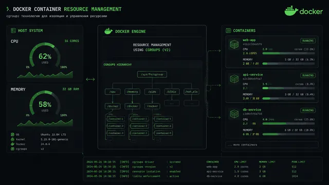 Docker container resource management visualization showing CPU and memory allocation