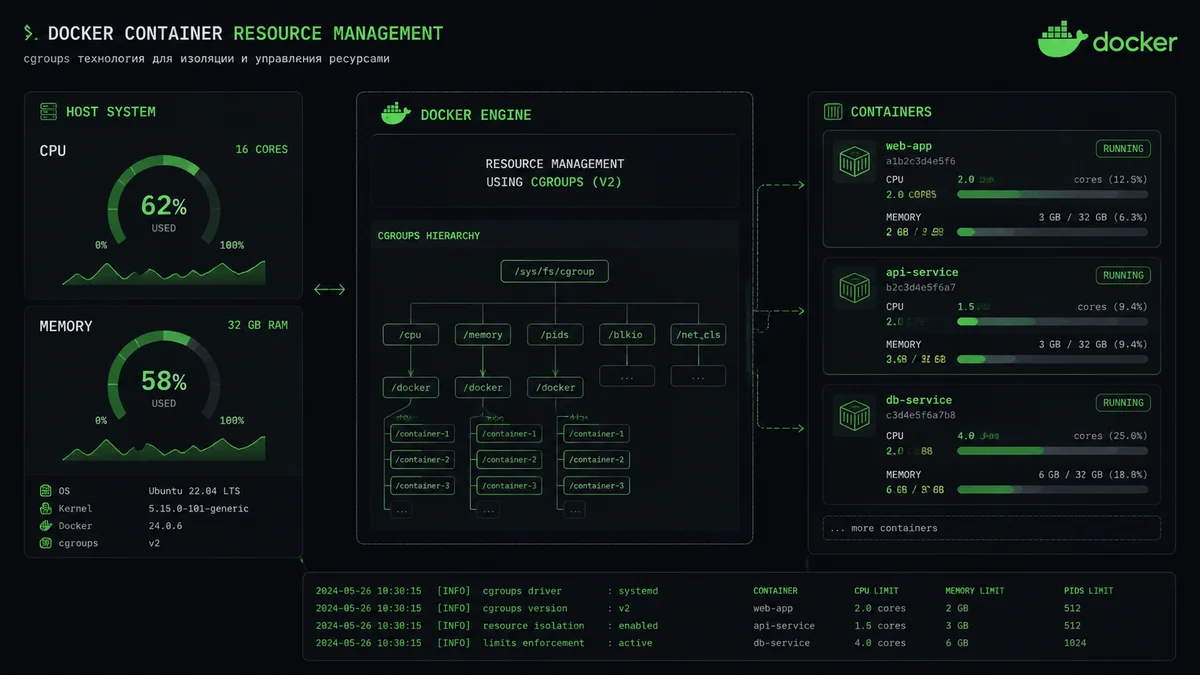 Docker container resource management visualization showing CPU and memory allocation